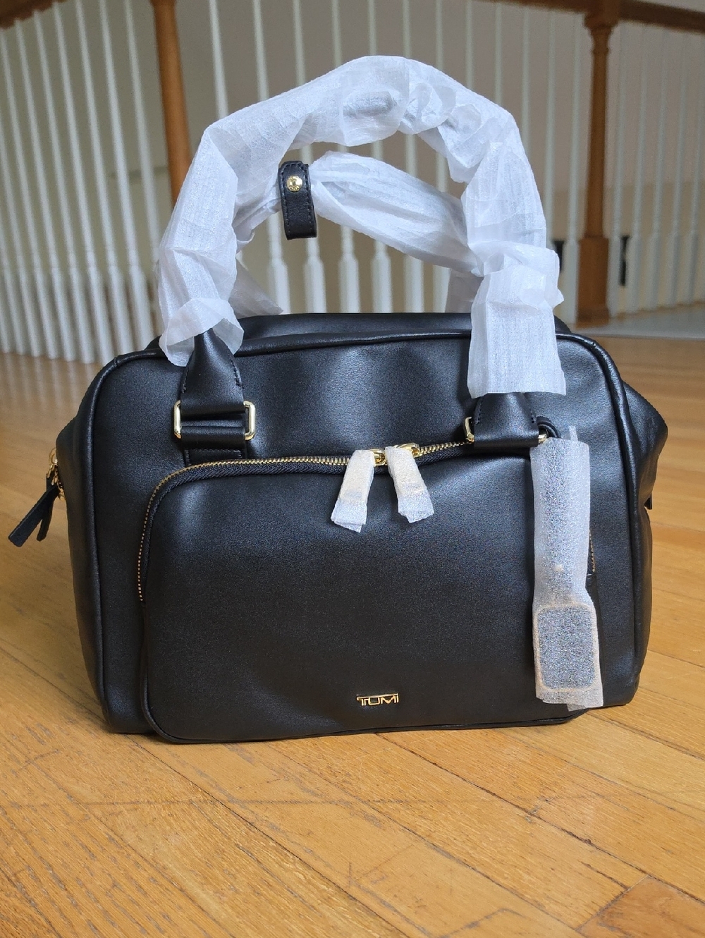 Tumi Black Leather Satchel with Gold Hardware